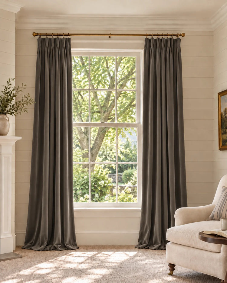 Classic 100% Blackout Velvet Custom Curtain in Grey, open curtains.