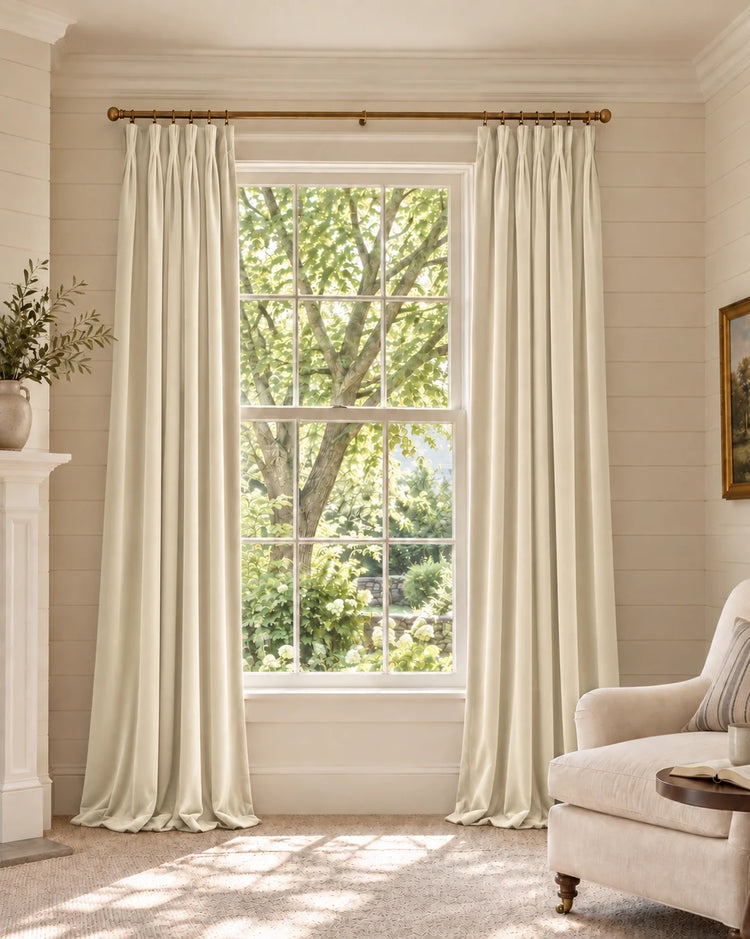 Classic 100% Blackout Velvet Custom Curtain in Ivory White, open curtains.