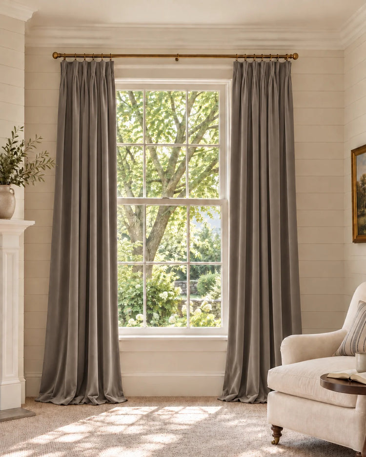 Classic 100% Blackout Velvet Custom Curtain in Light Grey, open curtains.