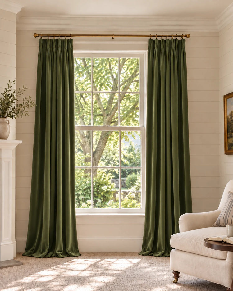 Classic 100% Blackout Velvet Custom Curtain in Moss Green, open curtains.