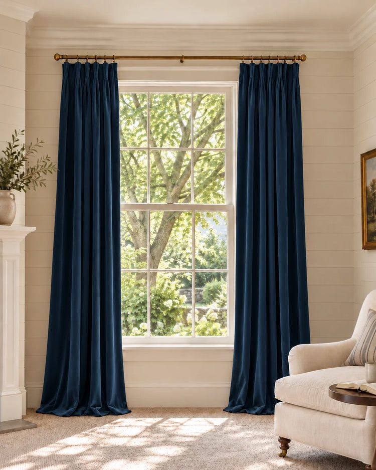 Classic 100% Blackout Velvet Custom Curtain in Navy Blue, open curtains.