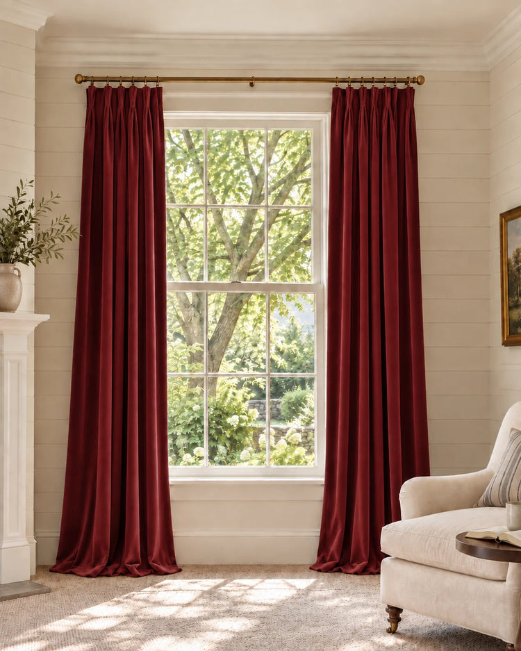 Classic 100% Blackout Velvet Custom Curtain in Red, open curtains.