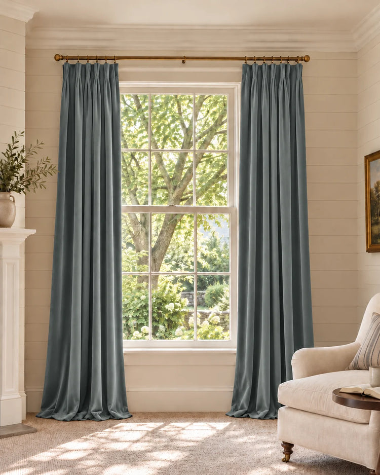 Classic 100% Blackout Velvet Custom Curtain in Stone Blue, open curtains.