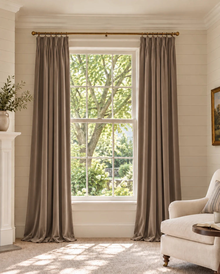Classic 100% Blackout Velvet Custom Curtain in Taupe, open curtains.