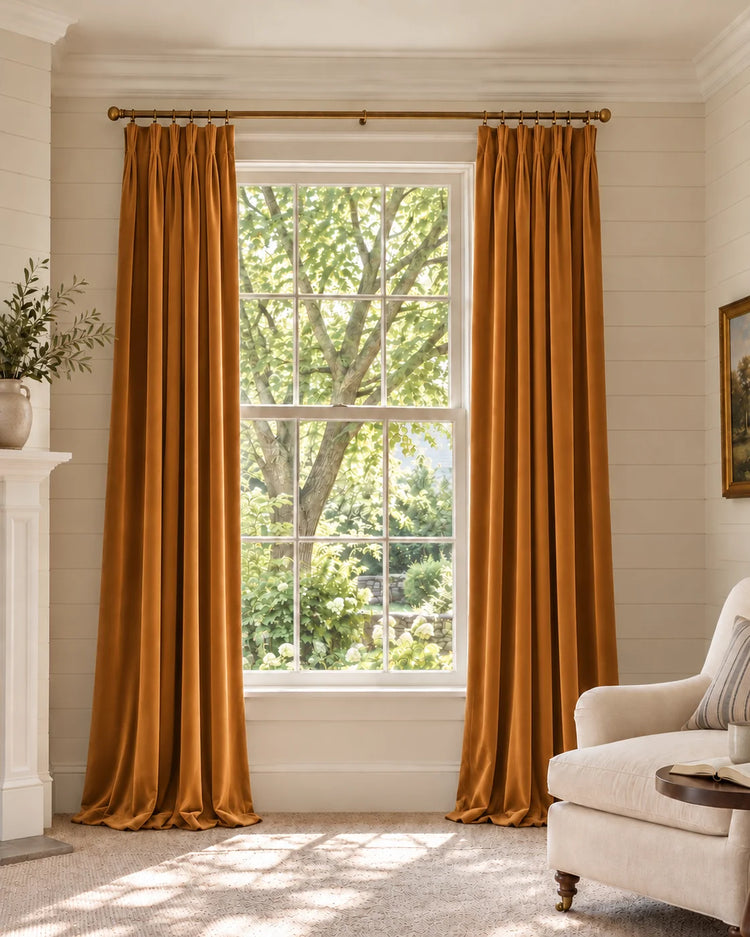 Classic 100% Blackout Velvet Custom Curtain in Warm Gold, open curtains.