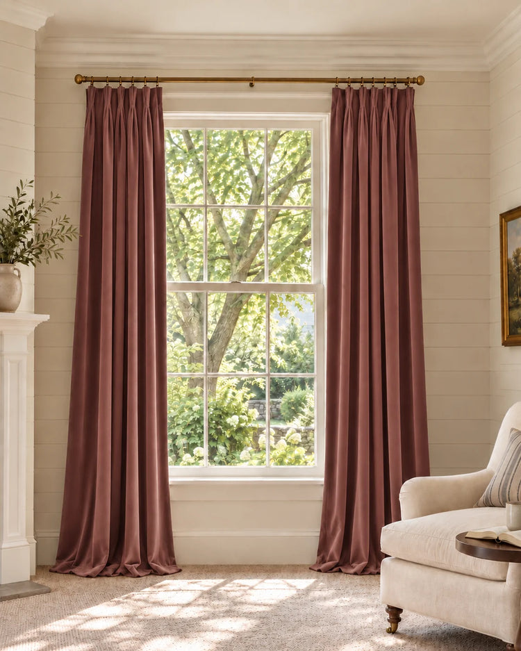 Classic 100% Blackout Velvet Custom Curtain in Wild Rose, open curtains.