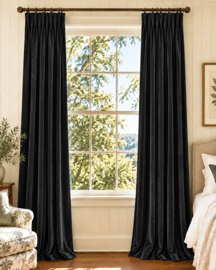 Classic Velvet Custom Curtain in Black, open curtains.