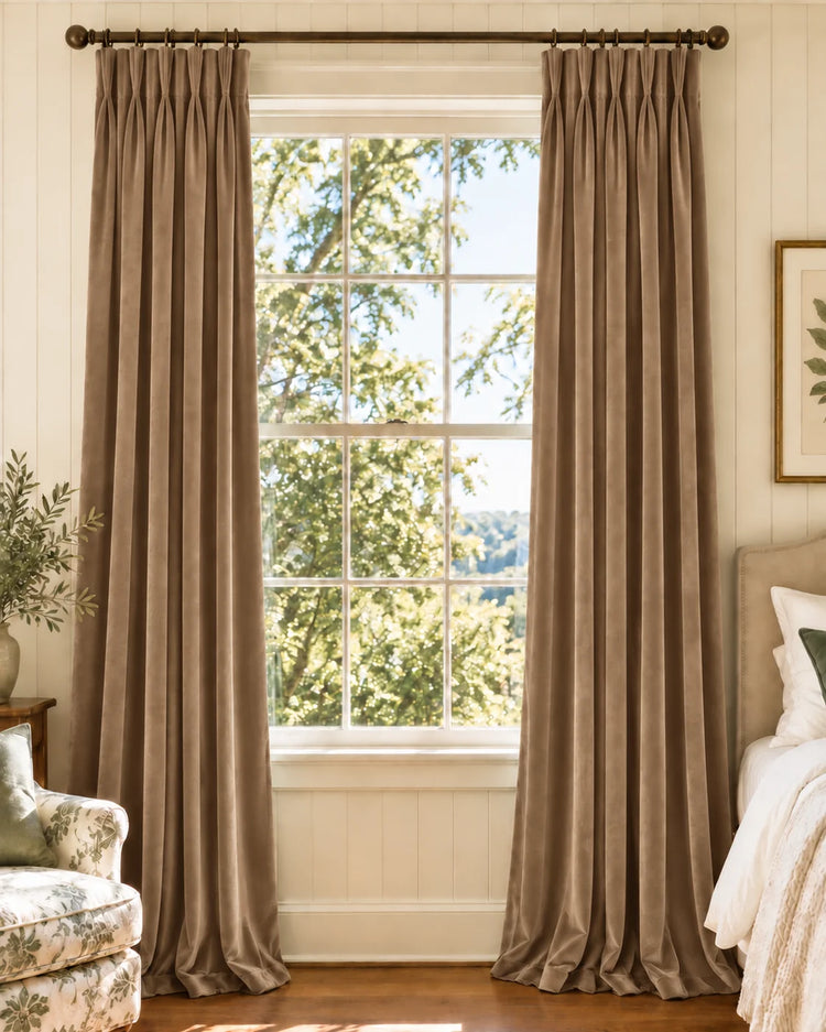 Classic Velvet Custom Curtain in Blush Beige, open curtains.
