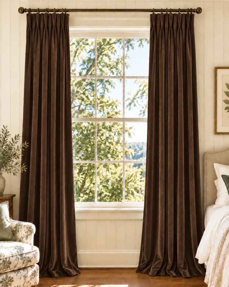 Classic Velvet Custom Curtain in Chestnut, open curtains.