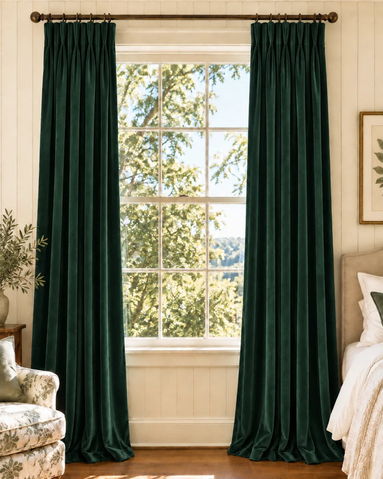 Classic Velvet Custom Curtain in Dark Green, open curtains.