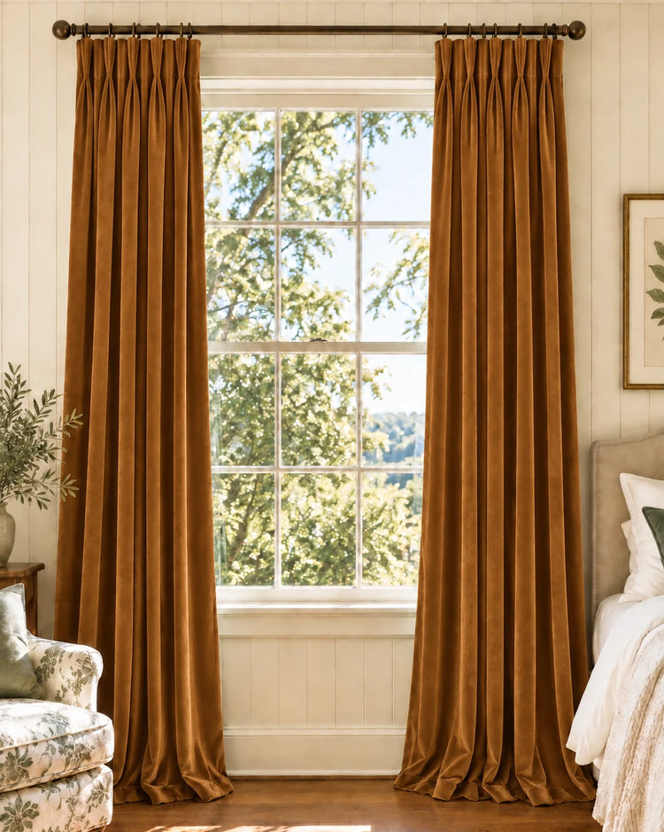 Classic Velvet Custom Curtain in Gold Brown, open curtains.