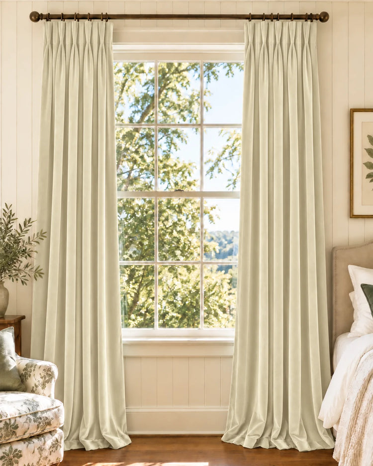 Classic Velvet Custom Curtain in Ivory White, open curtains.