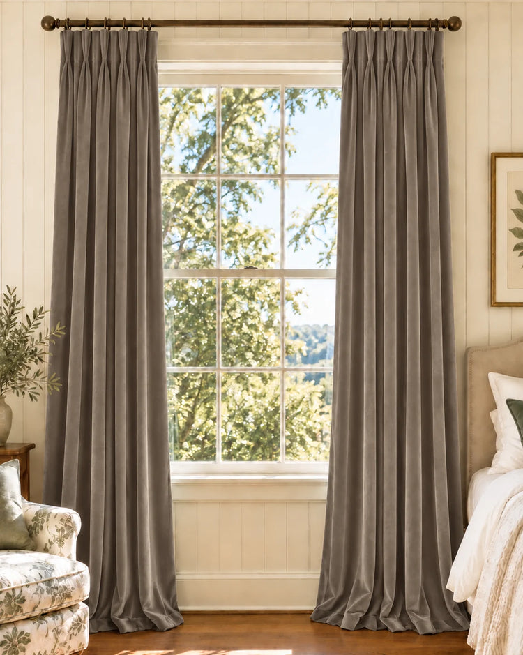 Classic Velvet Custom Curtain in Light Grey, open curtains.