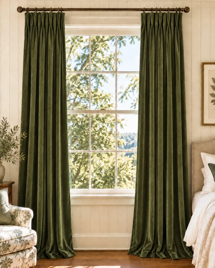 Classic Velvet Custom Curtain in Moss Green, open curtains.