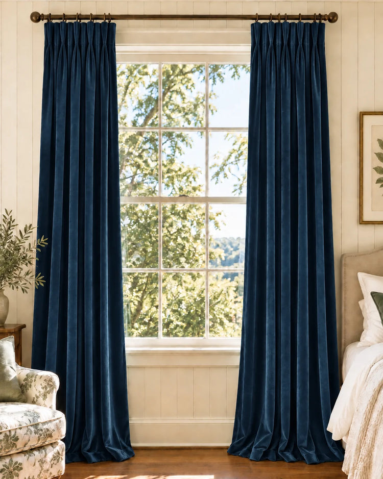 Classic Velvet Custom Curtain in Navy Blue, open curtains.