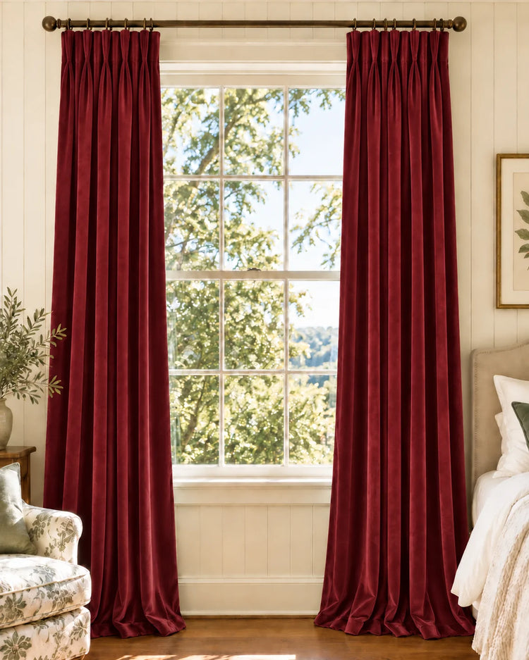 Classic Velvet Custom Curtain in Red, open curtains.
