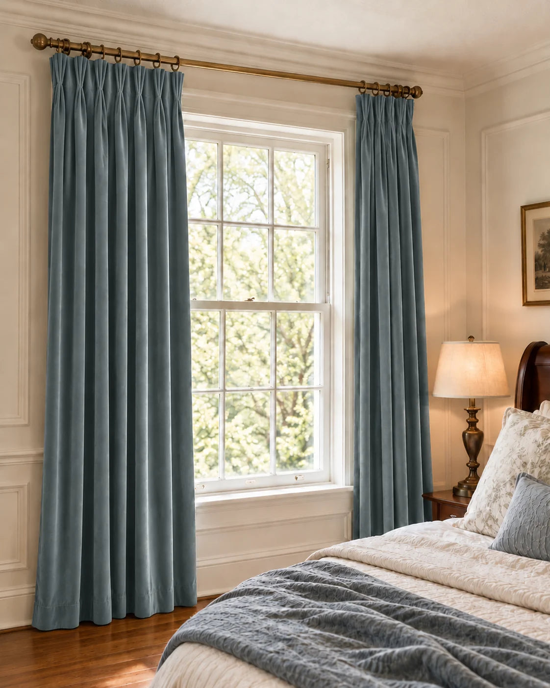 Classic Velvet Custom Curtain in Stone Blue, curtain scene.