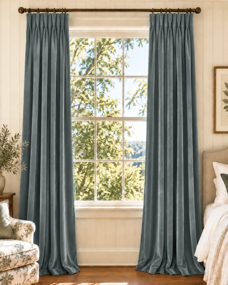 Classic Velvet Custom Curtain in Stone Blue, open curtains.