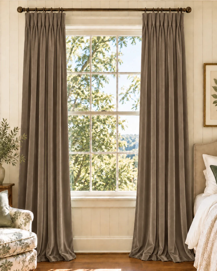 Classic Velvet Custom Curtain in Taupe, open curtains.
