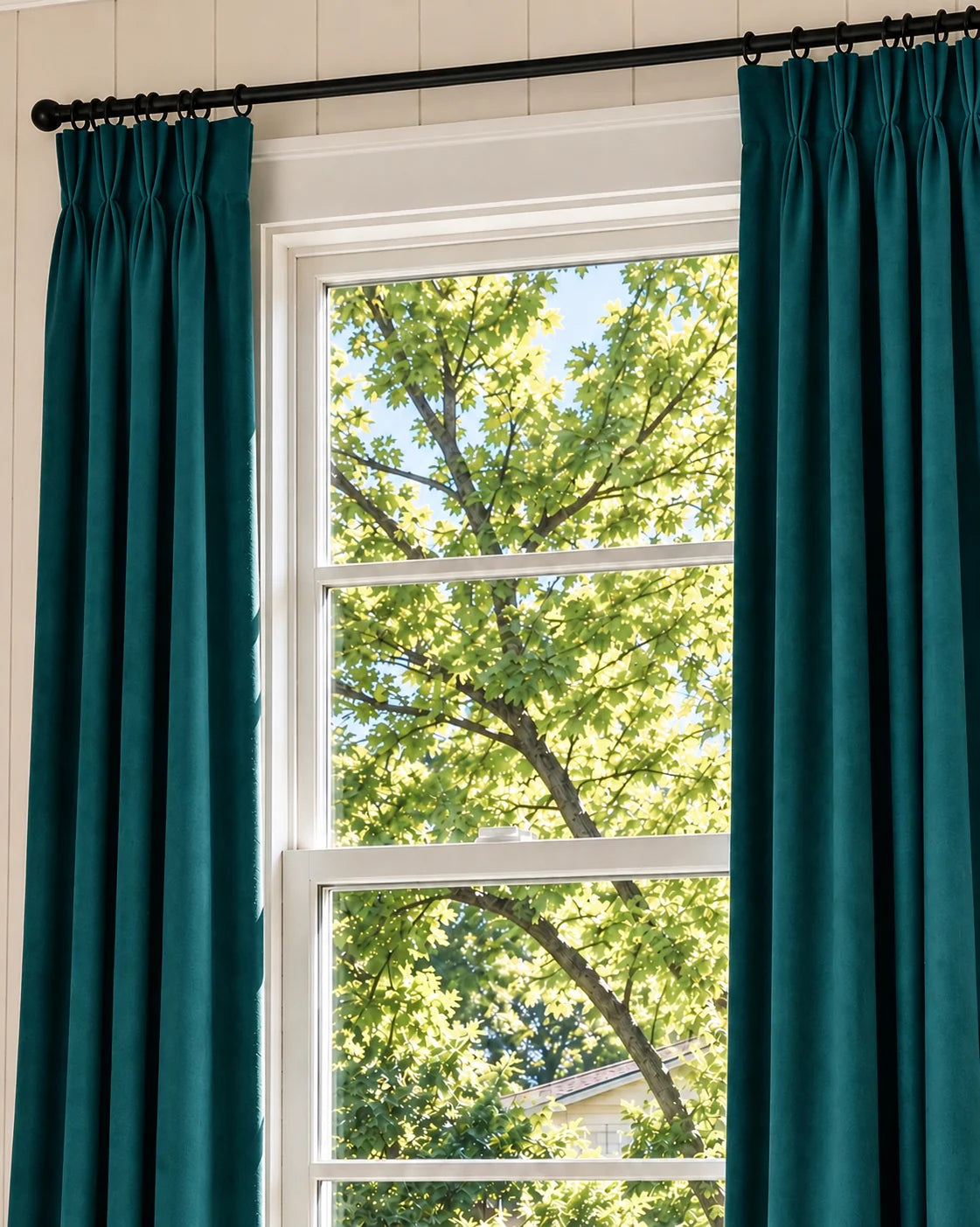 Classic Velvet Custom Curtain in Teal Blue, curtain fabric detail.