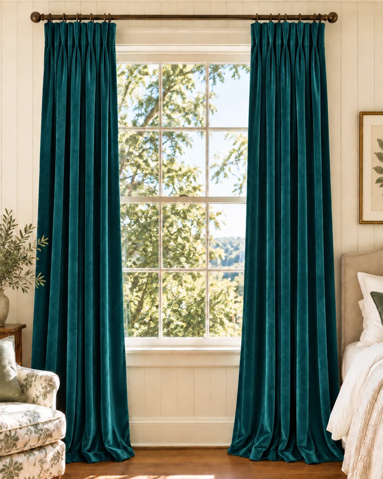 Classic Velvet Custom Curtain in Teal Blue, open curtains.