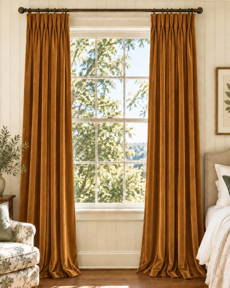 Classic Velvet Custom Curtain in Warm Gold, open curtains.