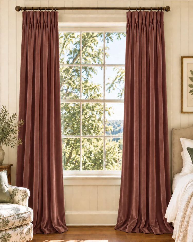 Classic Velvet Custom Curtain in Wild Rose, open curtains.