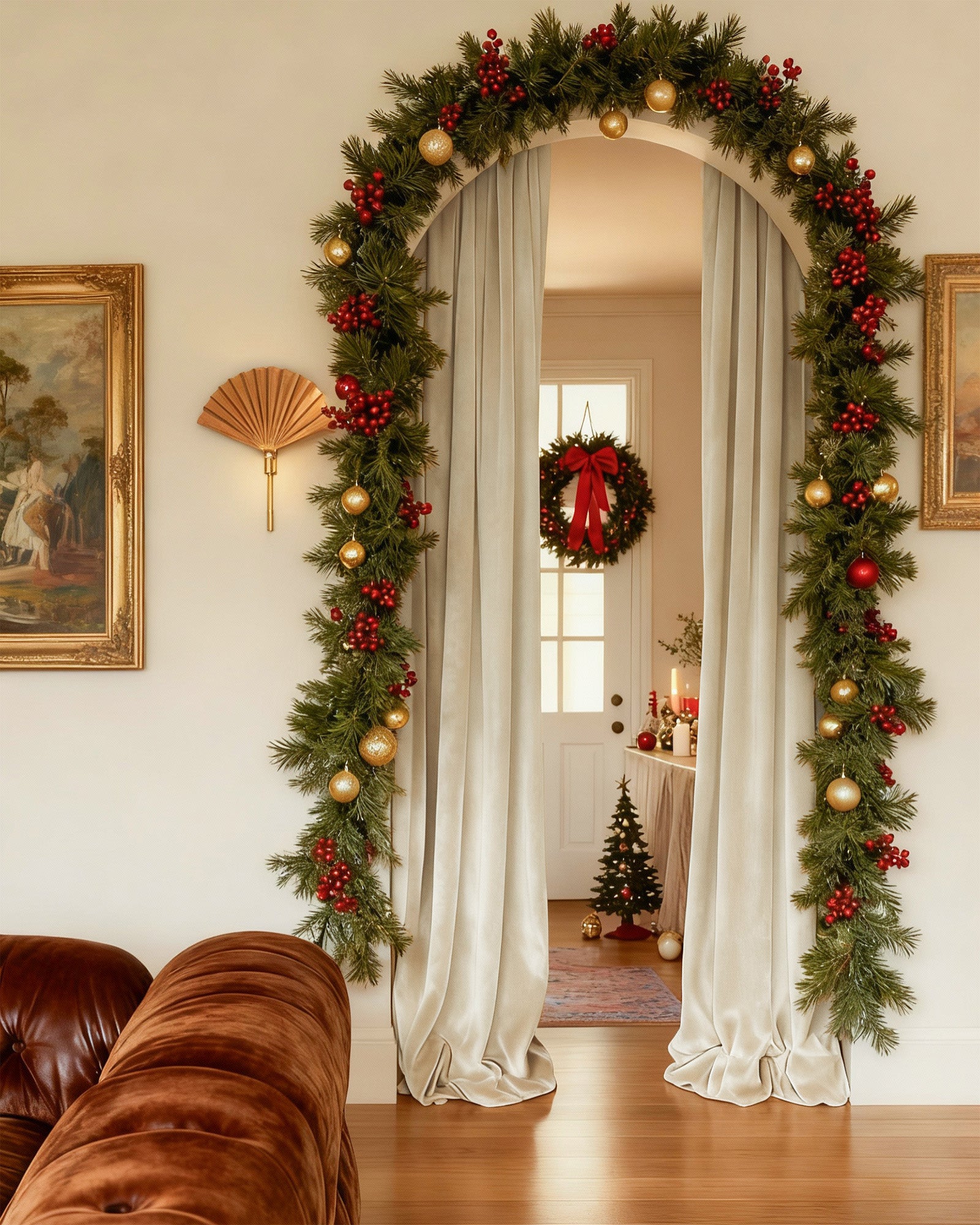 Plush cream velvet custom curtains gracefully frame a festive arched entryway adorned with green garland, red berries, and gold ornaments.