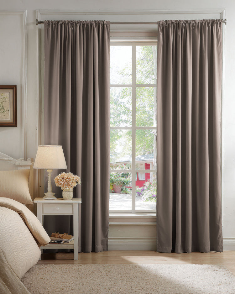 TheHues Classic 100% Blackout Velvet Custom Curtain, taupe, with gathered header, enhancing bedroom decor, light control & privacy.