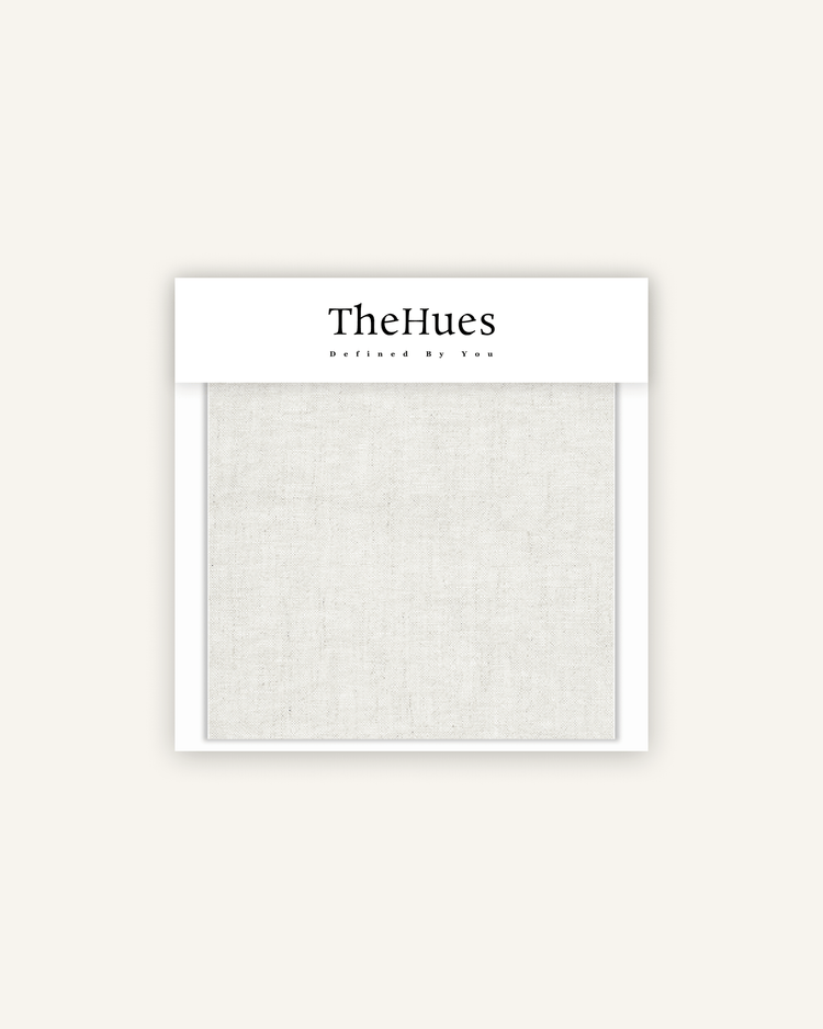 TheHues Tahiti pure linen fabric swatch card, displaying the light, breathable texture of this premium custom drapery material.