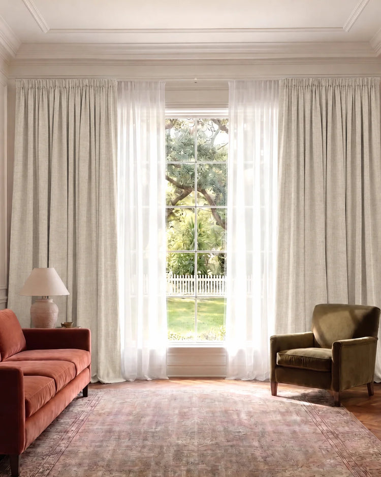 Cronin 4 Layers Linen Look Heavyweight Soundproof Thermal 100% Blackout Anti-Dust Custom Curtain in Beige, open curtains.