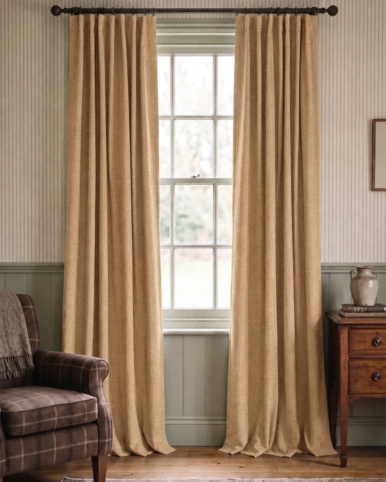 Cronin 4 Layers Linen Look Heavyweight Soundproof Thermal 100% Blackout Anti-Dust Custom Curtain in Camel, curtain scene.