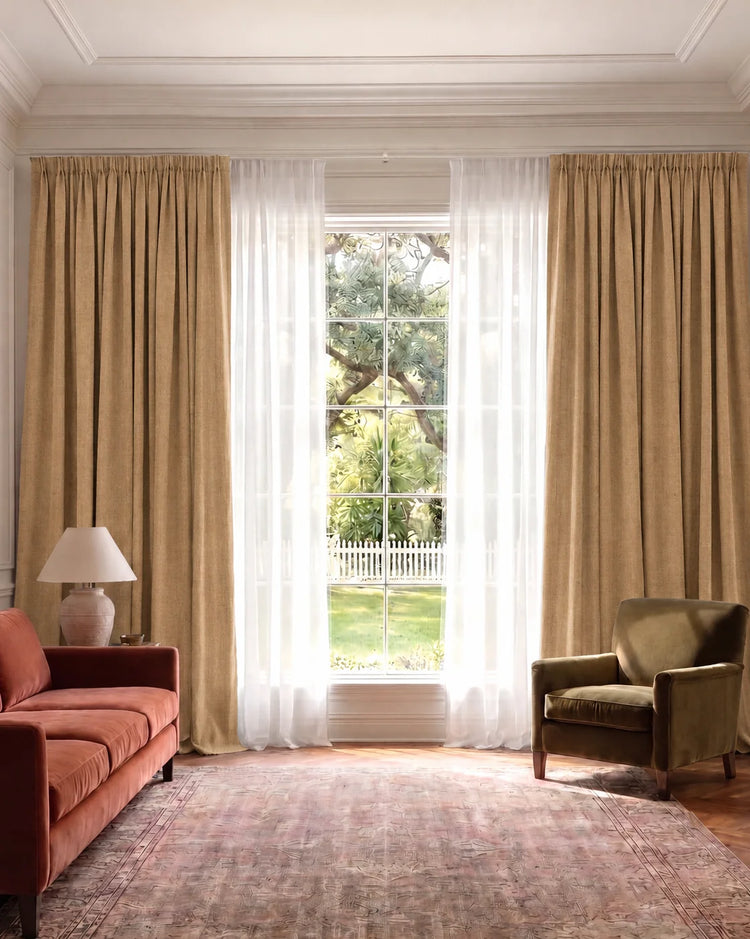 Cronin 4 Layers Linen Look Heavyweight Soundproof Thermal 100% Blackout Anti-Dust Custom Curtain in Camel, open curtains.