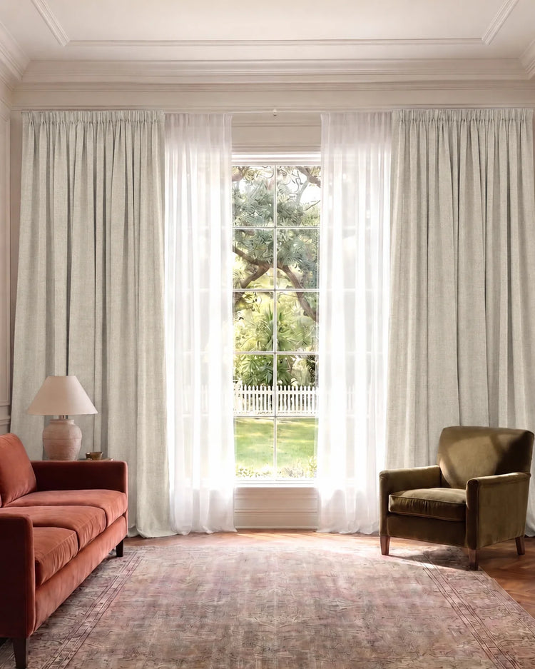 Cronin 4 Layers Linen Look Heavyweight Soundproof Thermal 100% Blackout Anti-Dust Custom Curtain in Ivory, open curtains.