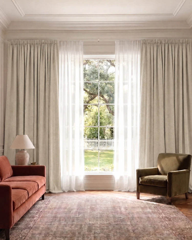 Cronin 4 Layers Linen Look Heavyweight Soundproof Thermal 100% Blackout Anti-Dust Custom Curtain in Natural, open curtains.