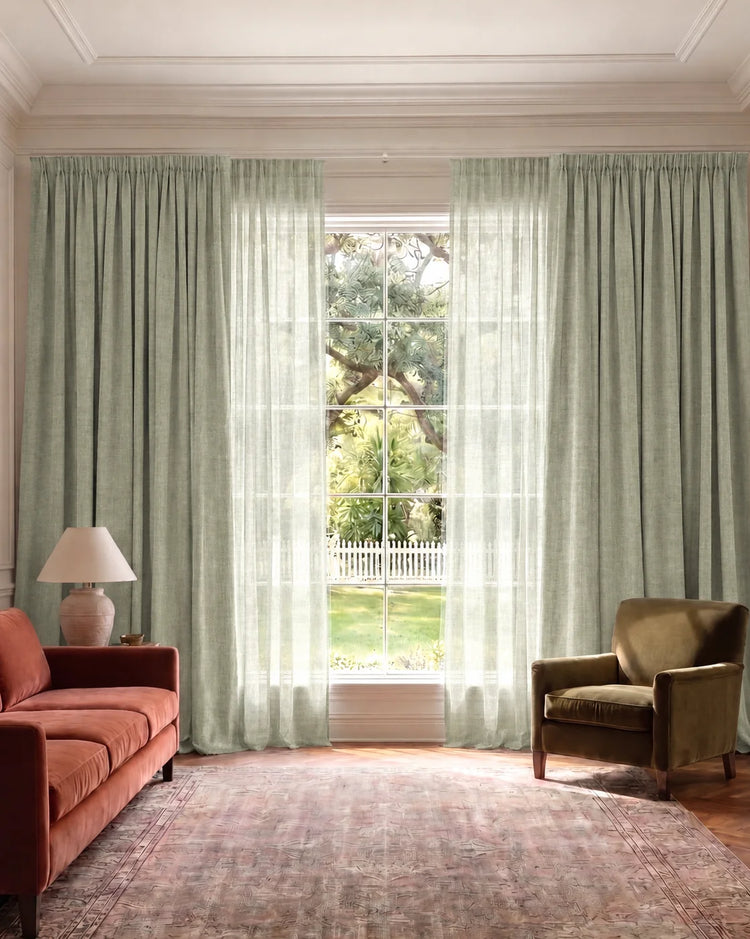 Cronin 4 Layers Linen Look Heavyweight Soundproof Thermal 100% Blackout Anti-Dust Custom Curtain in Sage Green, open curtains.