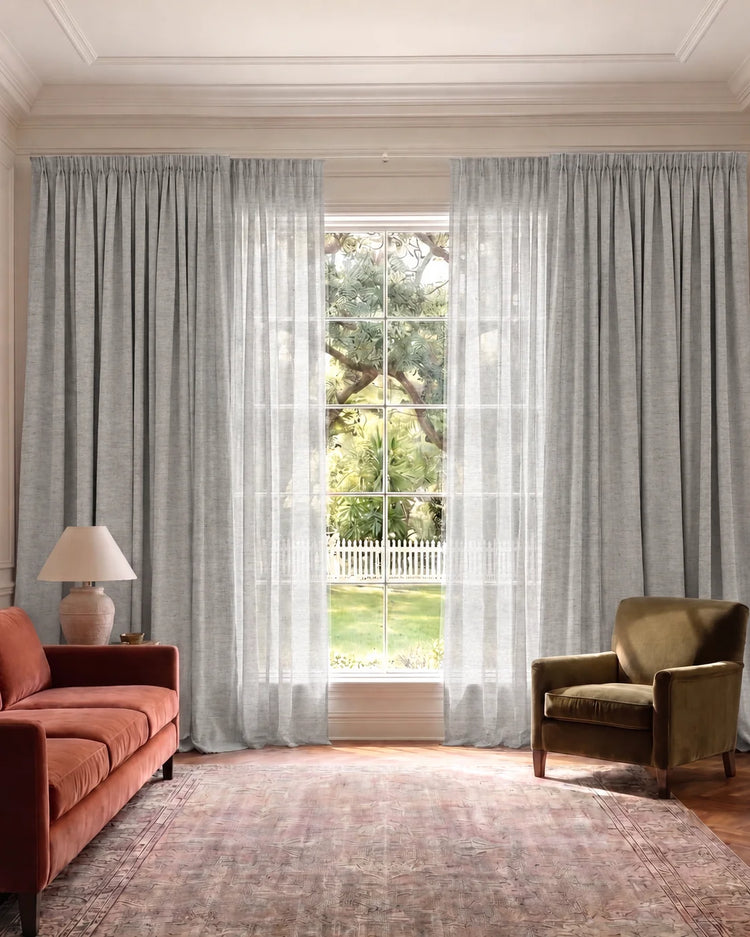 Cronin 4 Layers Linen Look Heavyweight Soundproof Thermal 100% Blackout Anti-Dust Custom Curtain in Sliver Grey, open curtains.