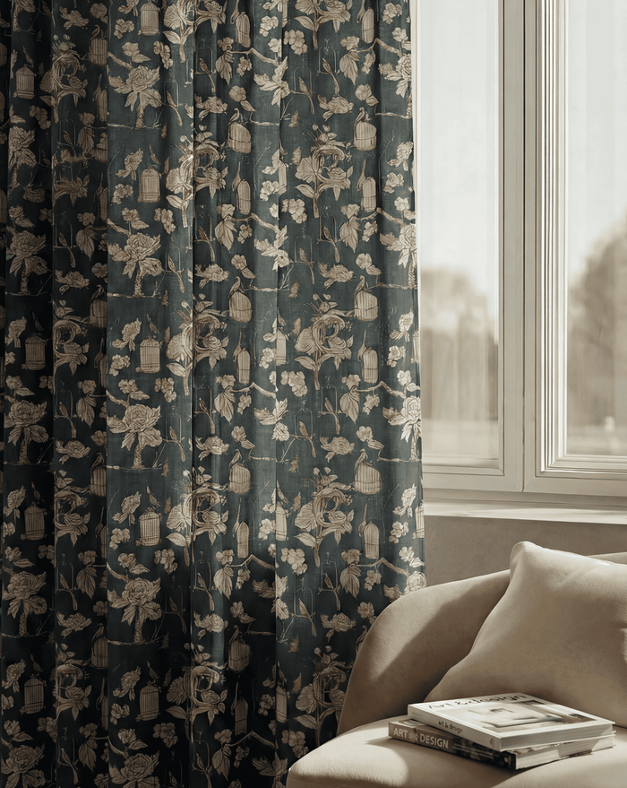 Seeker linen blend floral patterned custom curtain in dark teal with vintage birdcage motifs next to a sunlit window.