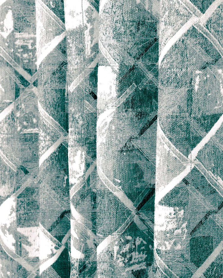 Close-up of deconstructed geometric patterned heavyweight custom linen & wool blend curtain fabric with rich texture.