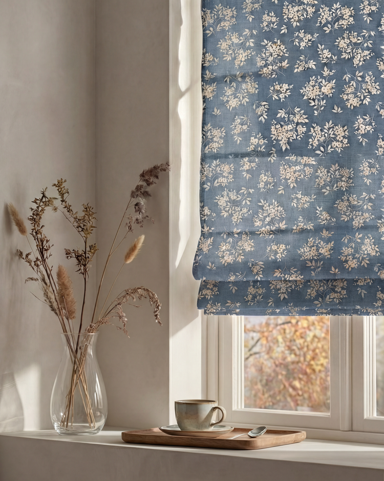 Haven Flat Fold Floral Patterned Custom Roman Shade