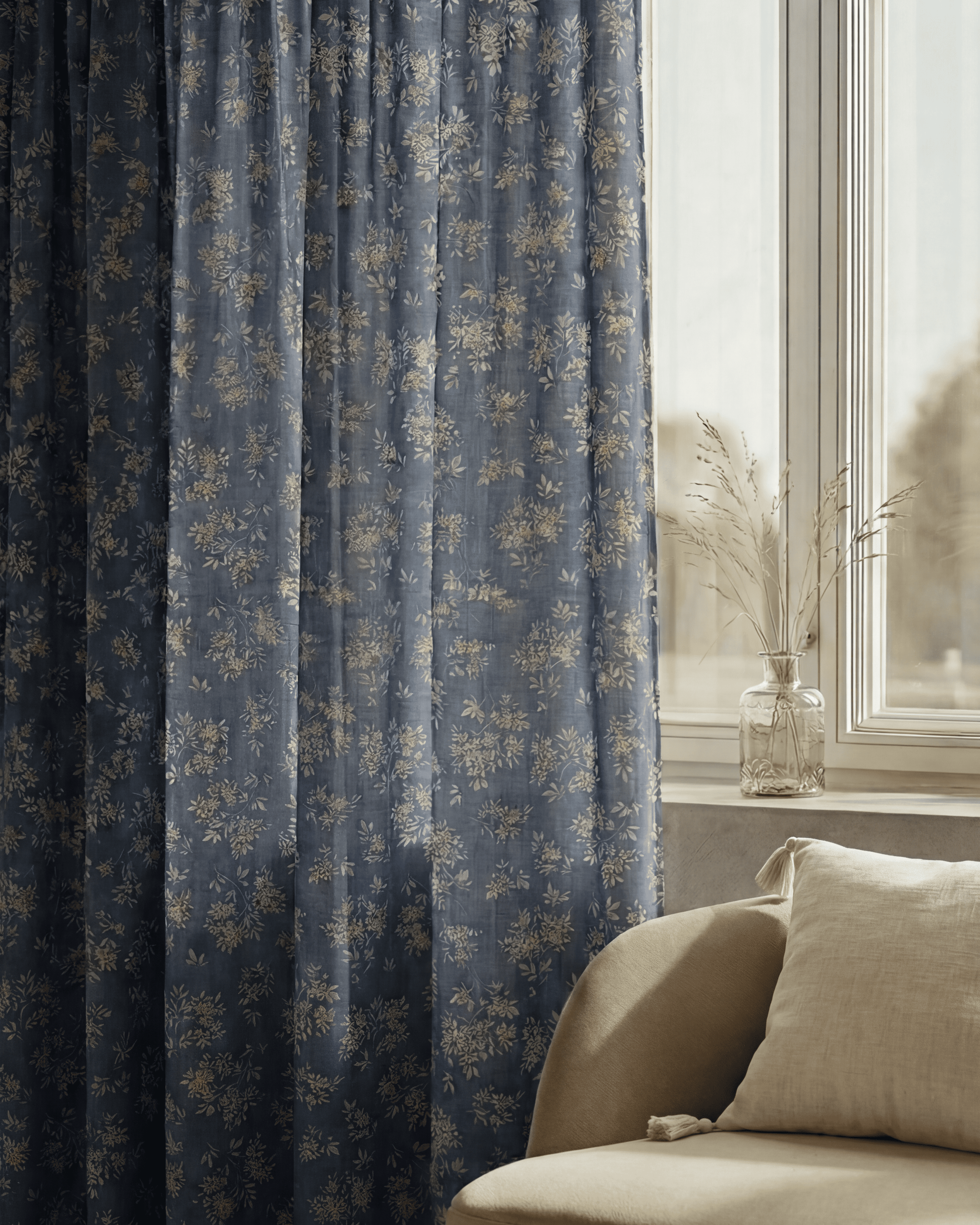 Haven blue linen blend floral patterned custom curtains beside a window with a glass vase and cream sofa.
