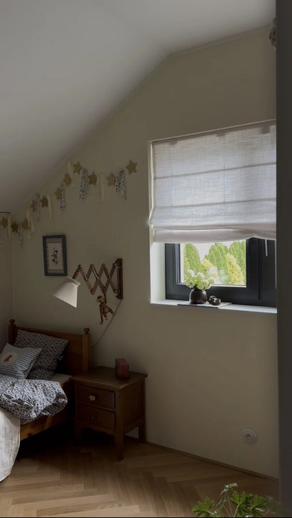 Cassie Flat Fold Linen Blend Cordless Custom Roman Shade — bedroom window shade