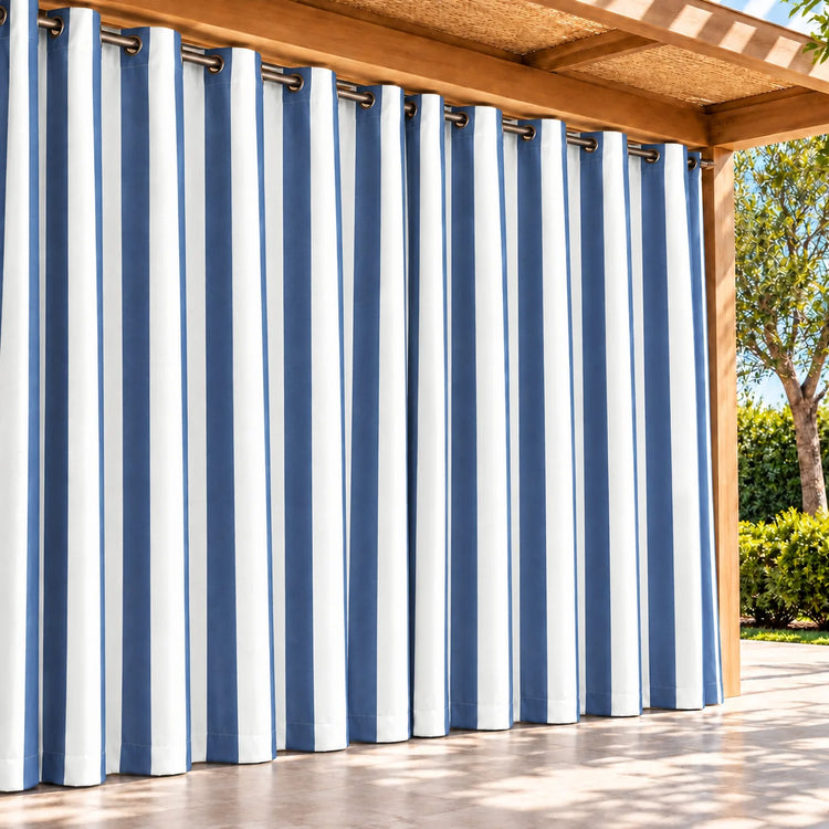 FadeShield Pro™ Fade-Resistant & Waterproof Lightweight Striped Custom Outdoor Curtain in Sea Blue, closed curtains.