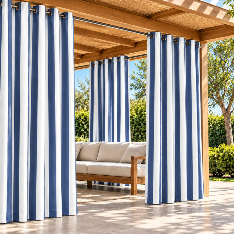 FadeShield Pro™ Fade-Resistant & Waterproof Lightweight Striped Custom Outdoor Curtain in Sea Blue, open curtains.