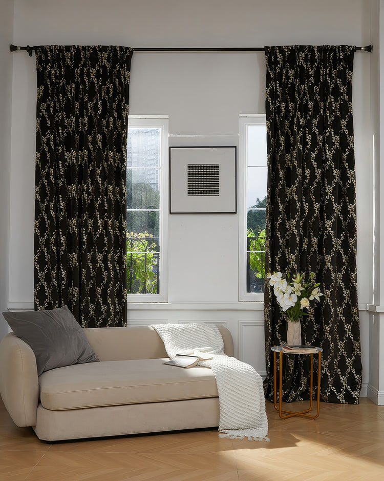 Elegant dark velvet custom curtains with gold embroidered floral pattern. Made-to-measure drapery for luxurious home decor.