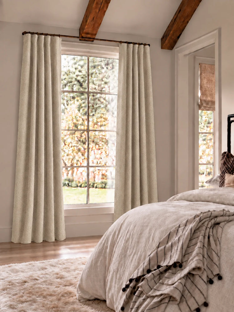 Herringbone 4 Layers Herringbone Chenille Soundproof Thermal 100% Blackout Custom Curtain in Beige, open curtains.