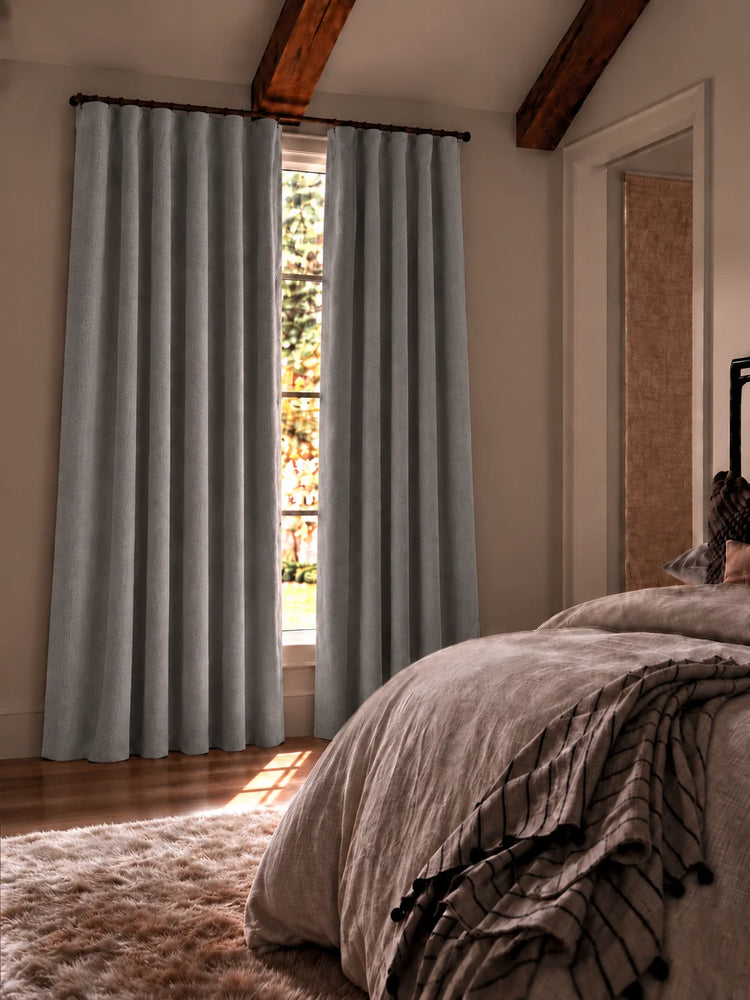 Herringbone 4 Layers Herringbone Chenille Soundproof Thermal 100% Blackout Custom Curtain in Charcoal Gray, closed curtains.