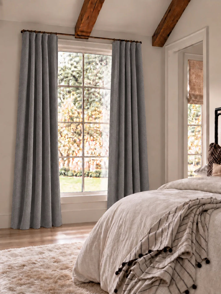 Herringbone 4 Layers Herringbone Chenille Soundproof Thermal 100% Blackout Custom Curtain in Charcoal Gray, open curtains.