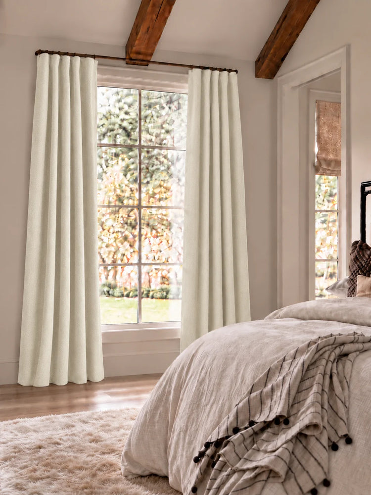 Herringbone 4 Layers Herringbone Chenille Soundproof Thermal 100% Blackout Custom Curtain in Cream, open curtains.