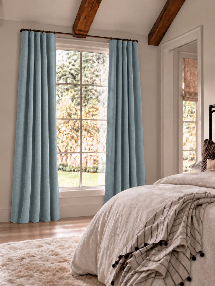 Herringbone 4 Layers Herringbone Chenille Soundproof Thermal 100% Blackout Custom Curtain in Dust Blue, open curtains.